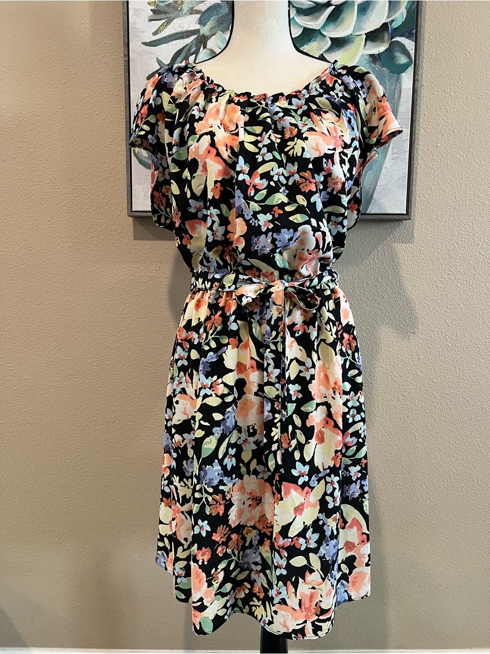LC Lauren Conrad Black Floral Midi Dress with Peach and Lavender Accents